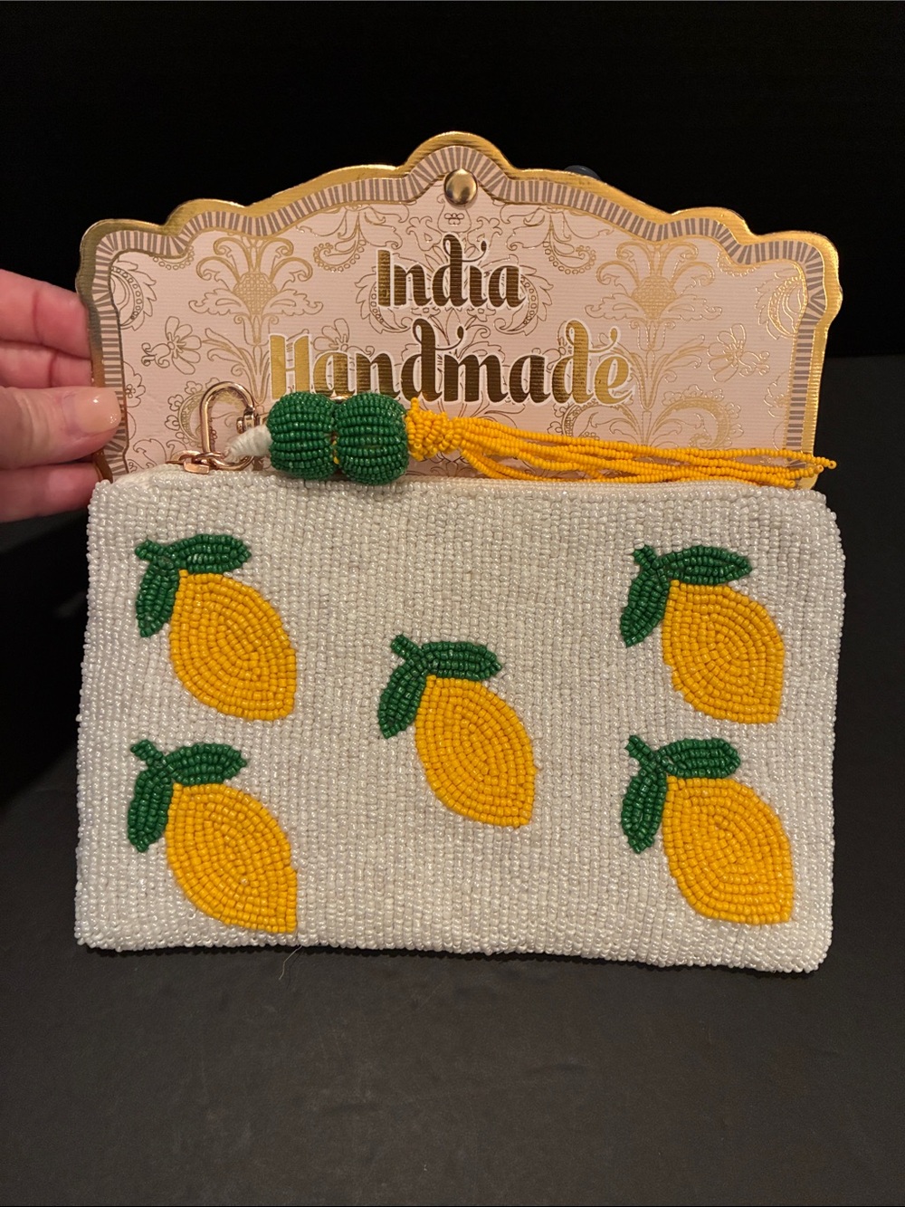 Made in India Handmade White Beaded Lemon 🍋 Pouch - Yellow & Green